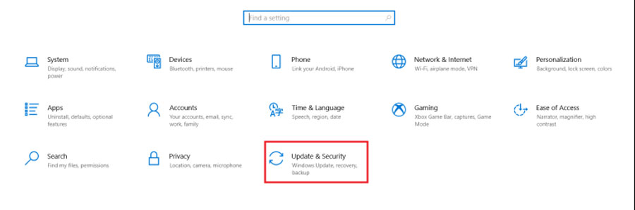 Update and security option in Windows 10