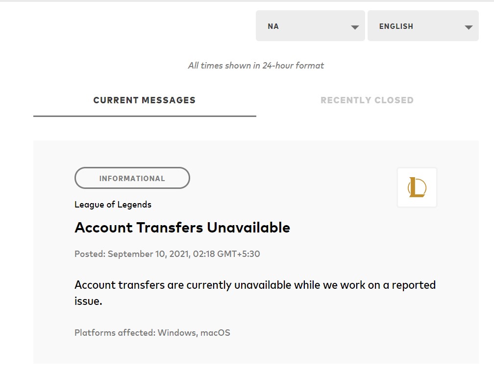 League of Legends Account Transfers Unavailable or Disable to North America, Fix?