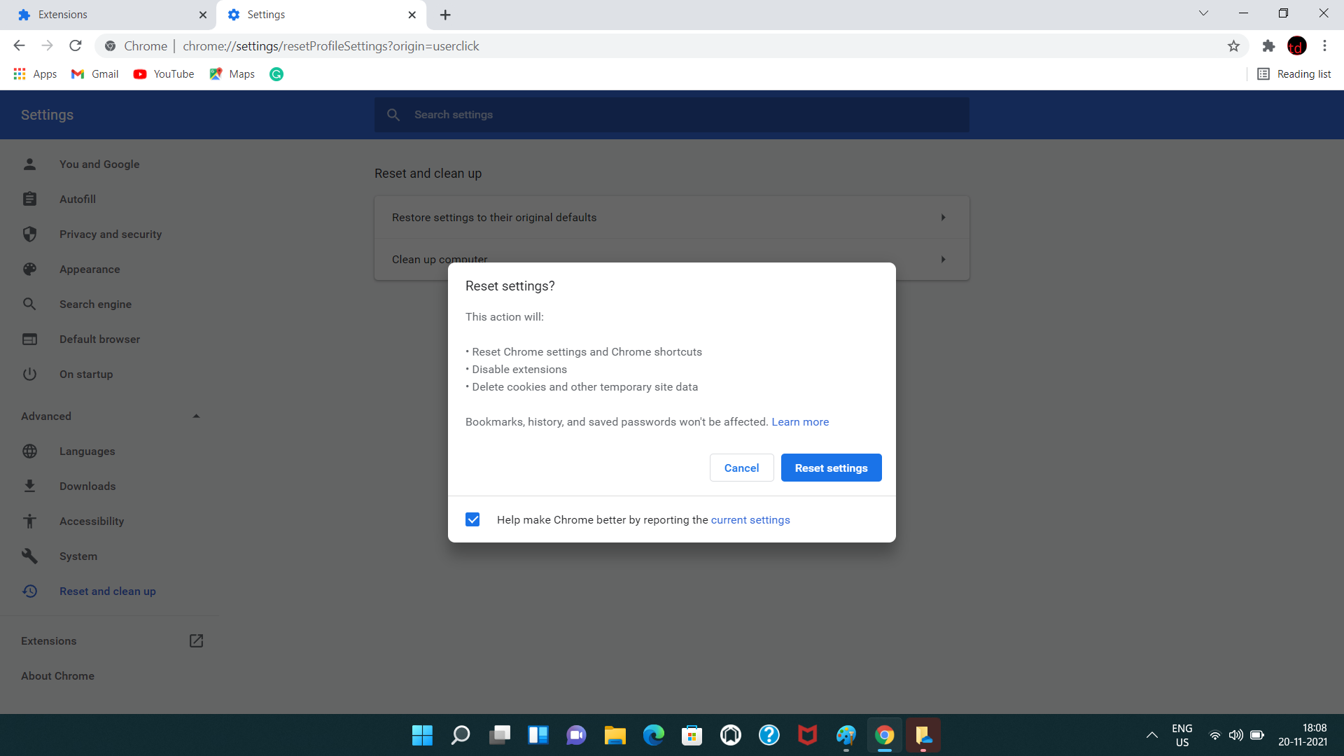 Google Chrome Reset Settings