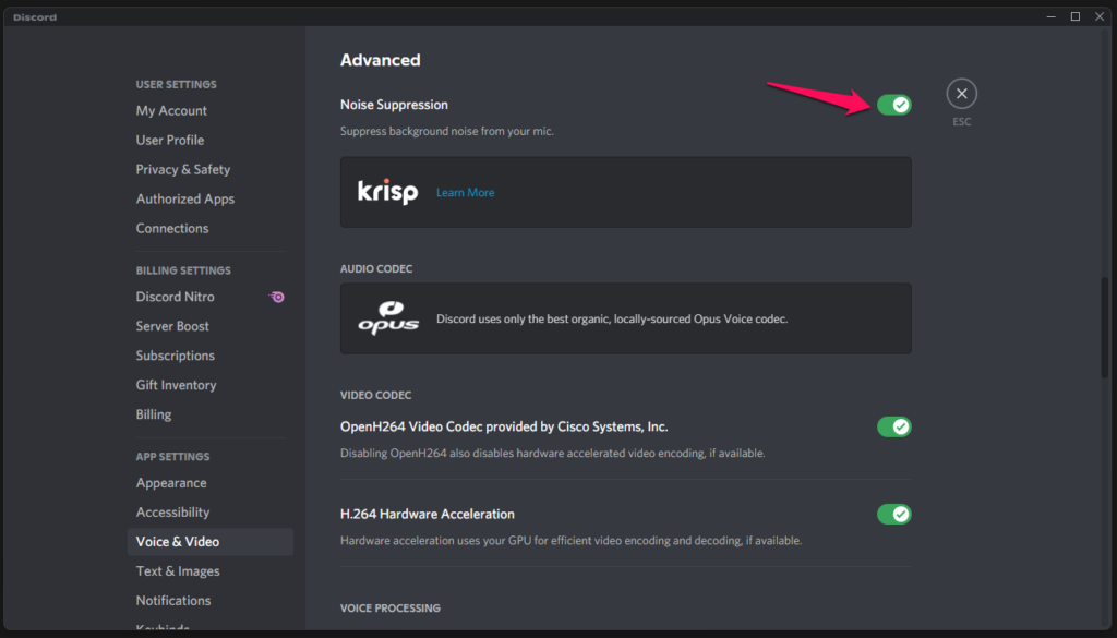 Disable Krisp in Discord (3)