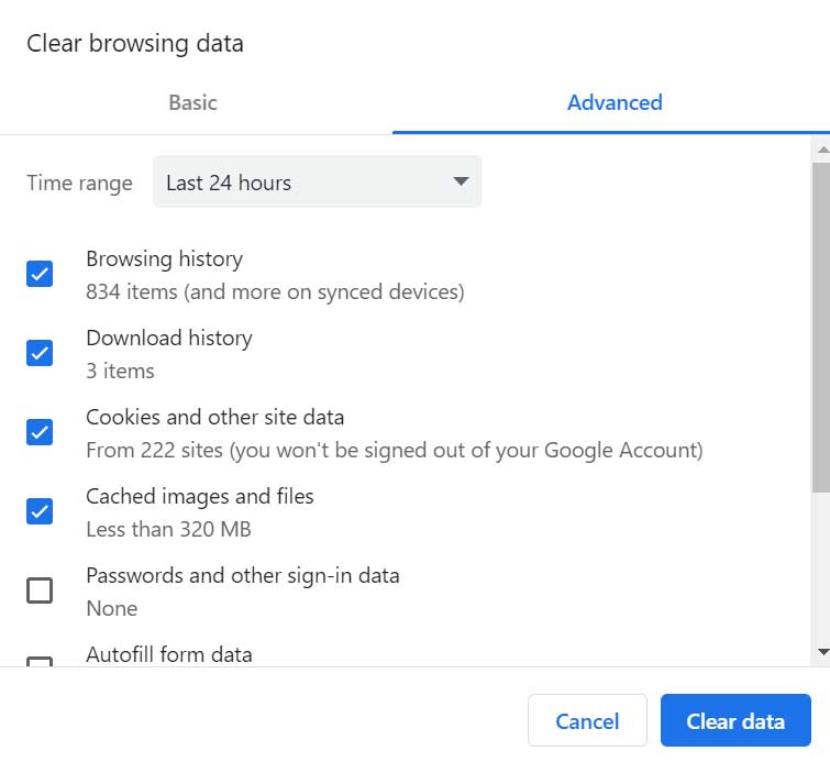 Chrome Clear Browsing Data