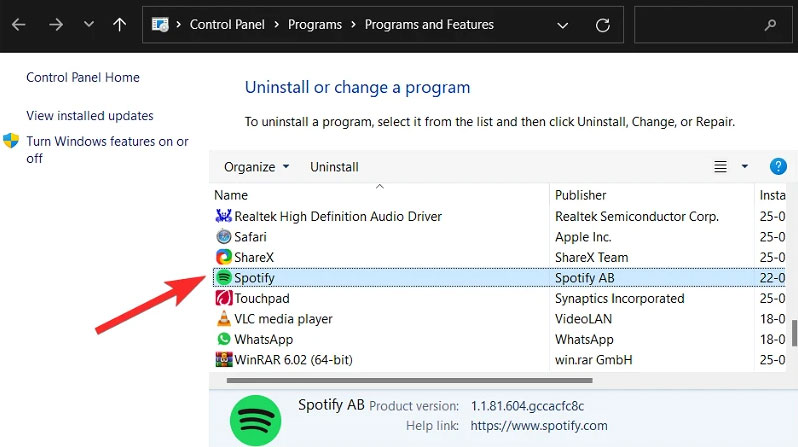 uninstall the spotify Via Control Panel 