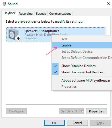 Enable Playback Device From Sound Settings