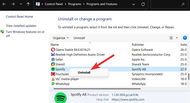 Uninstall spotify