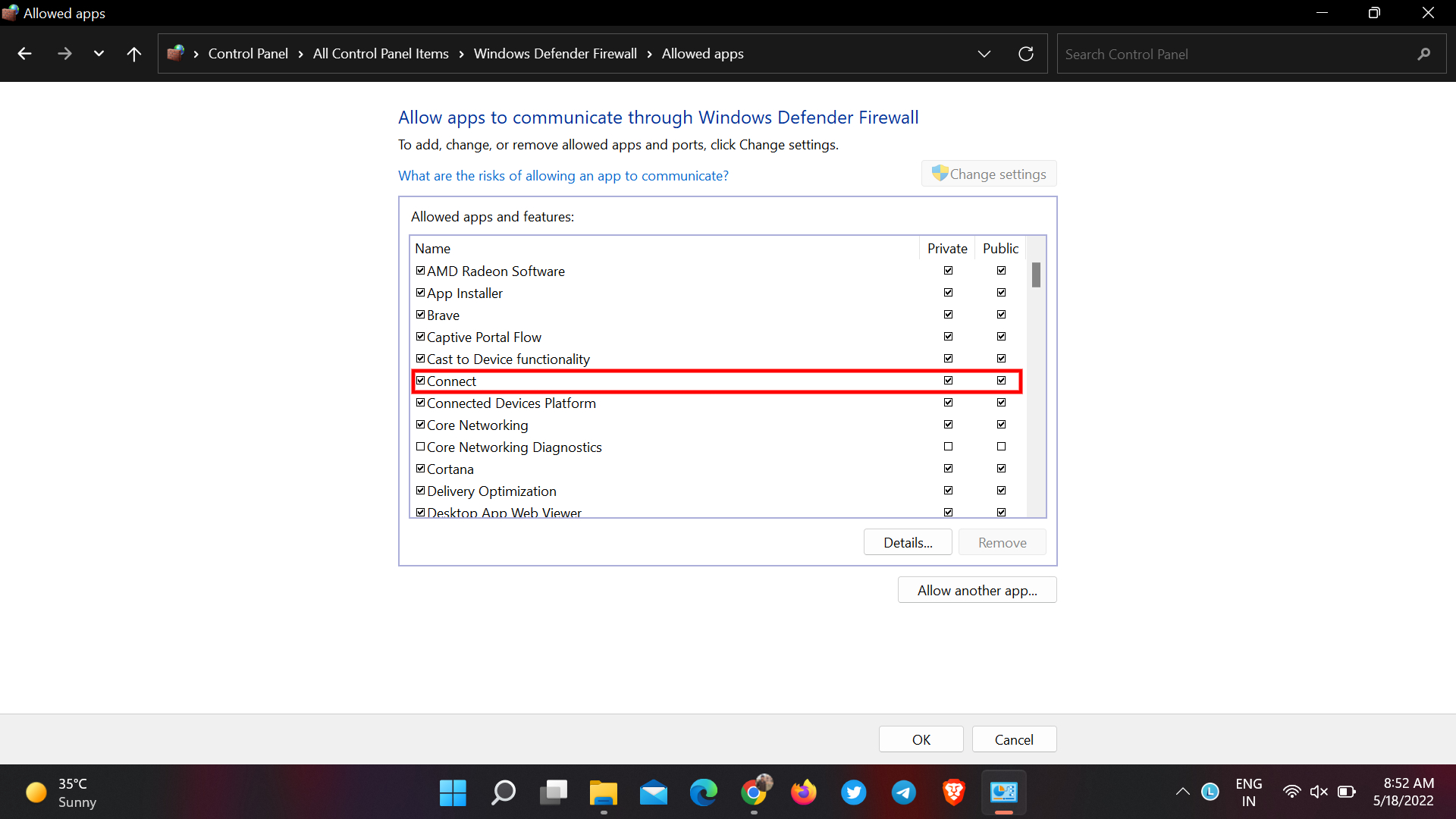 Connect in Windows Firewall