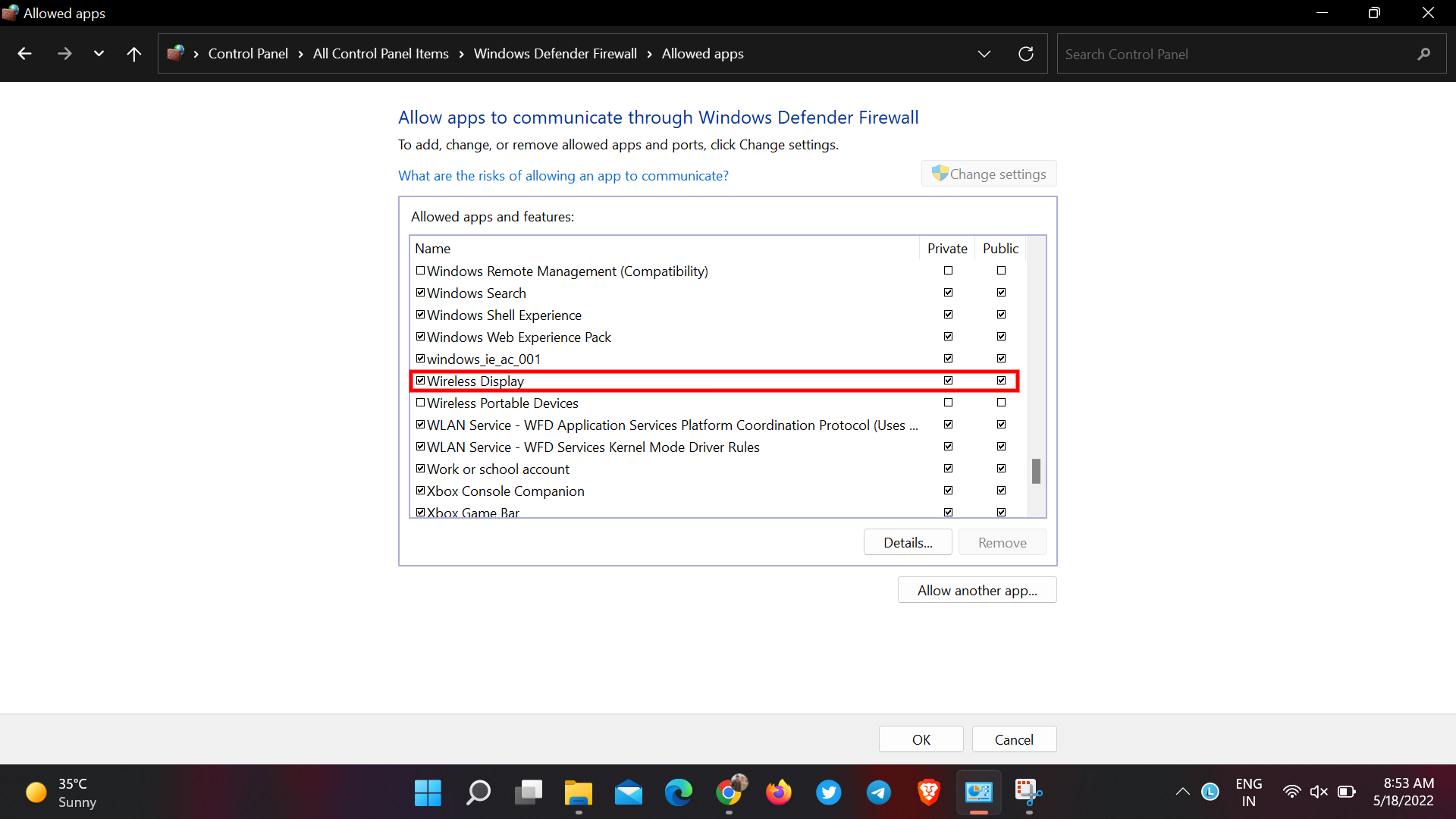 Wireless Display in Windows Firewall