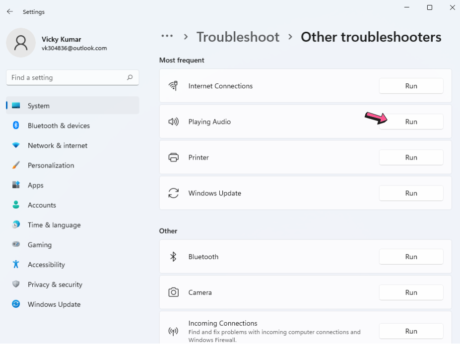 Run Audio Troubleshoot