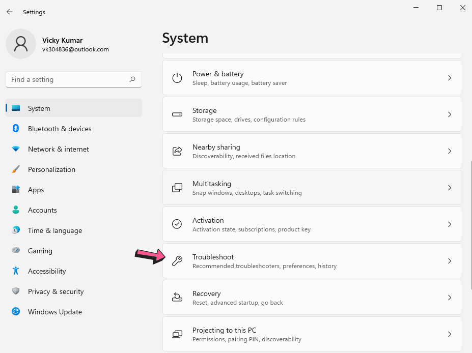 Windows 11 Troubleshoot option