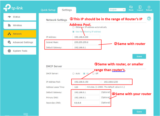 TP-Link WiFi Extender DHCP Server settings