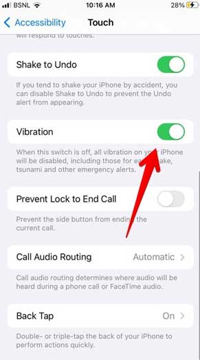 Turn on Vibration in Accessibility