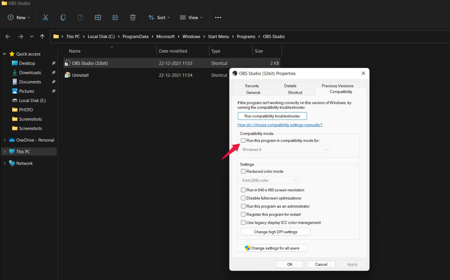 Change OBS Studio's Compatibility Settings