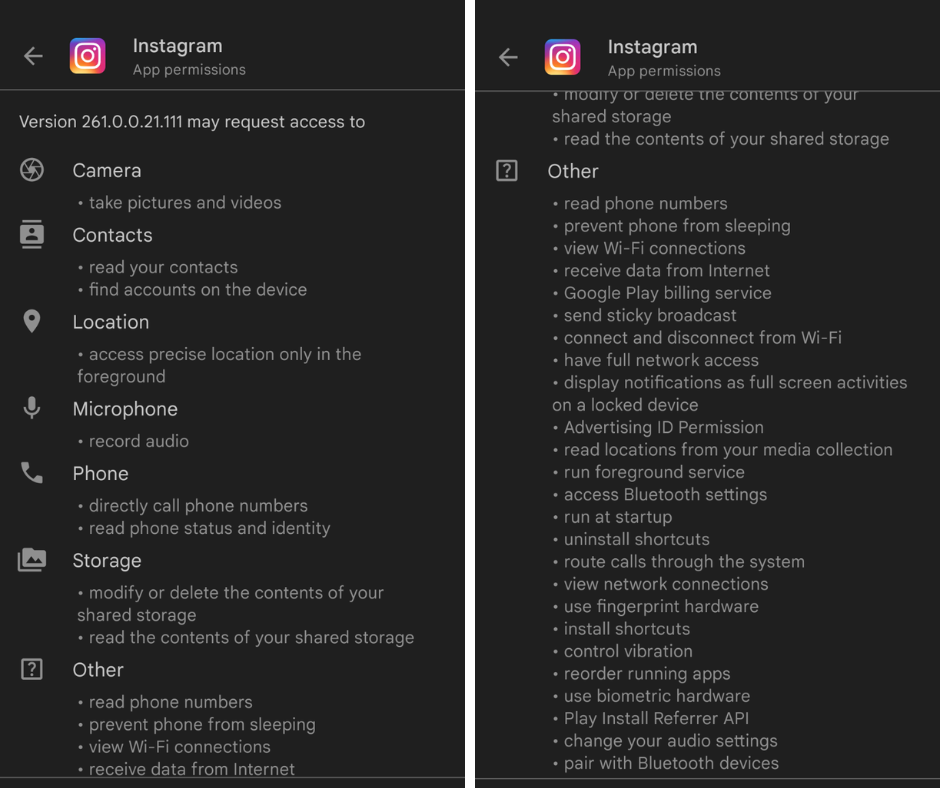 Android Instagram Permissions