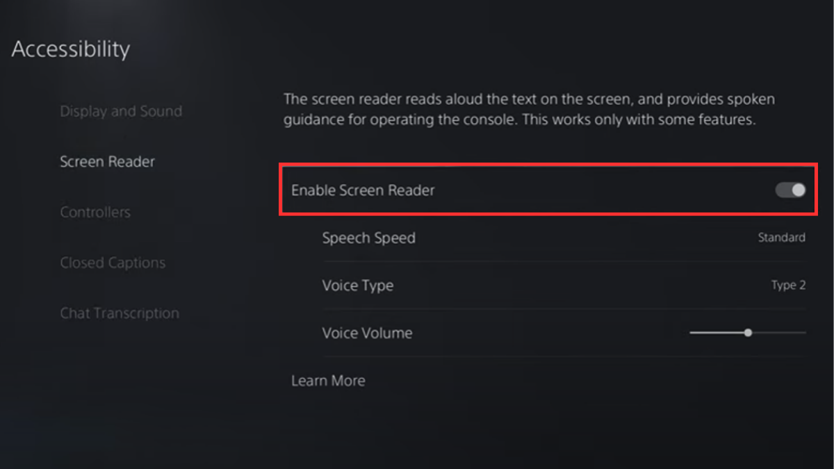 Disabling screen reader in PS5