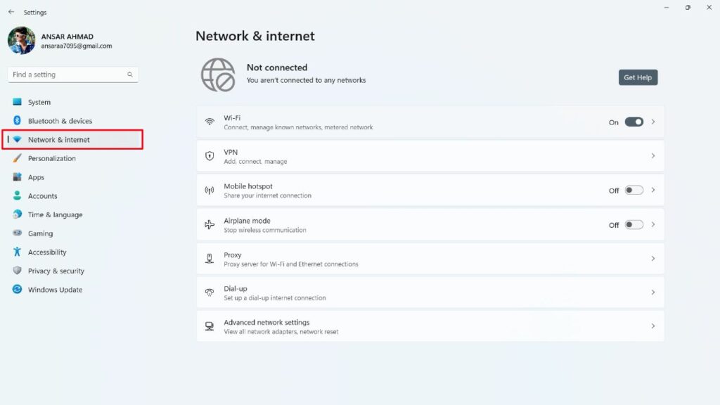 Network & internet windows settings