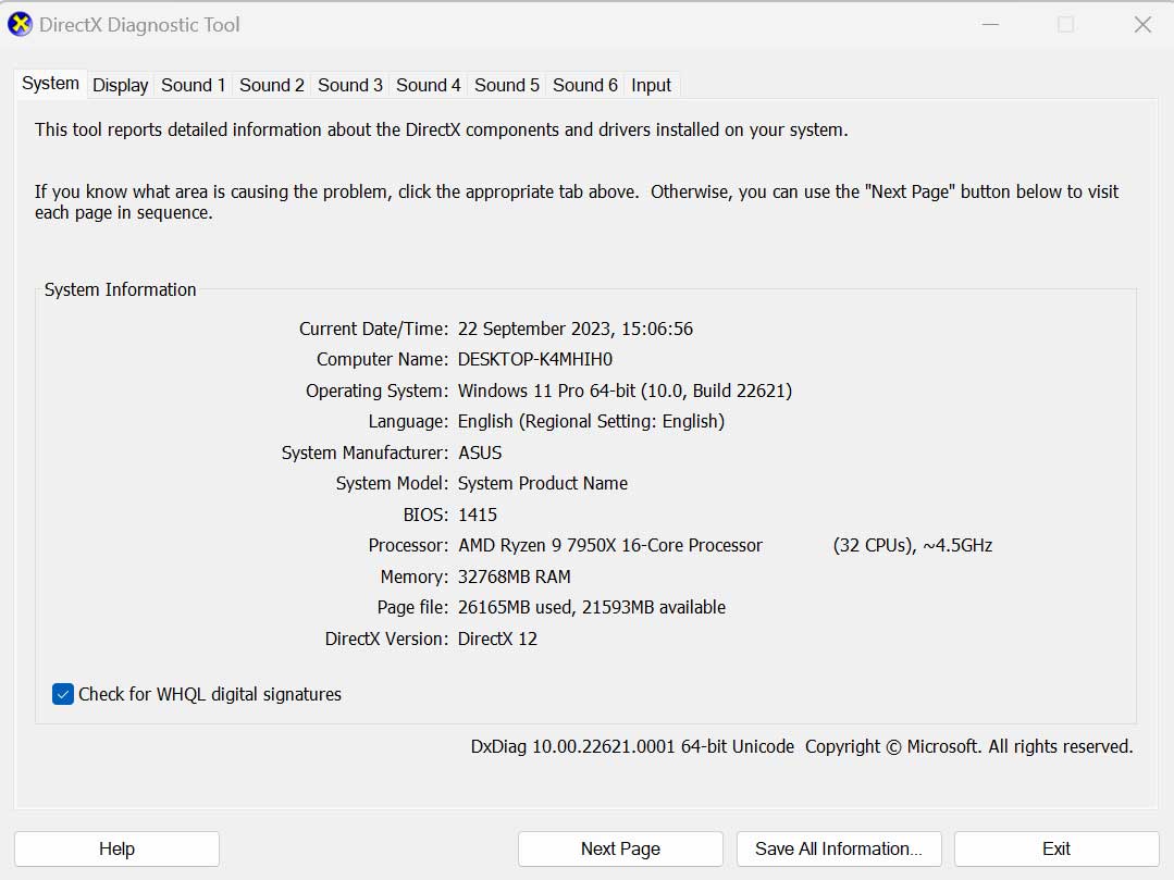 DirectX Diagnostic Tool