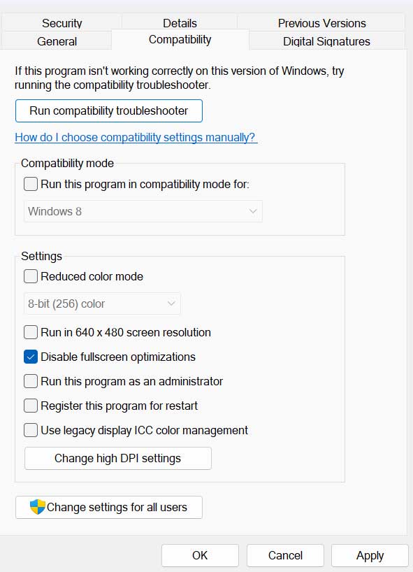 Disable Full Screen Optimizations