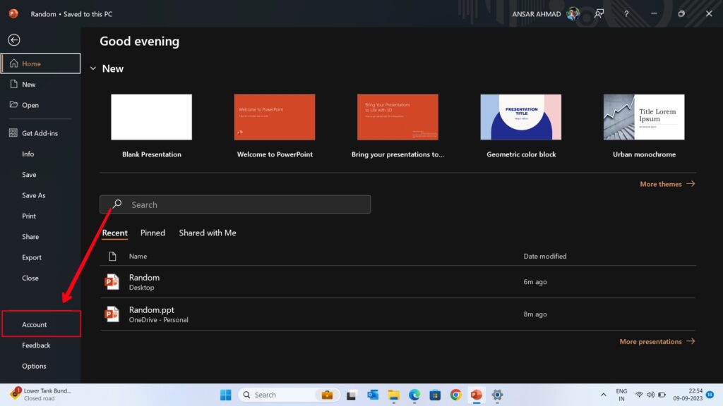 PowerPoint Account Menu