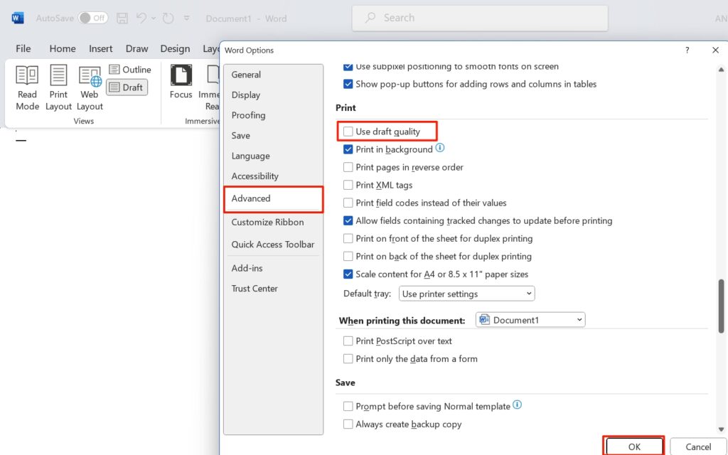 Use Draft Quality Option in MS Word