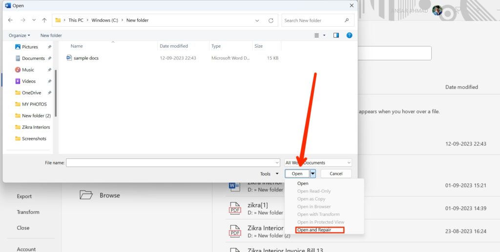 Open and Repair File in MS Word