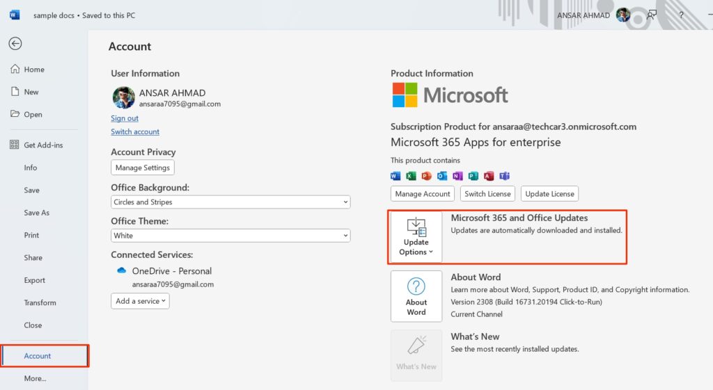 Update Option in MS Word