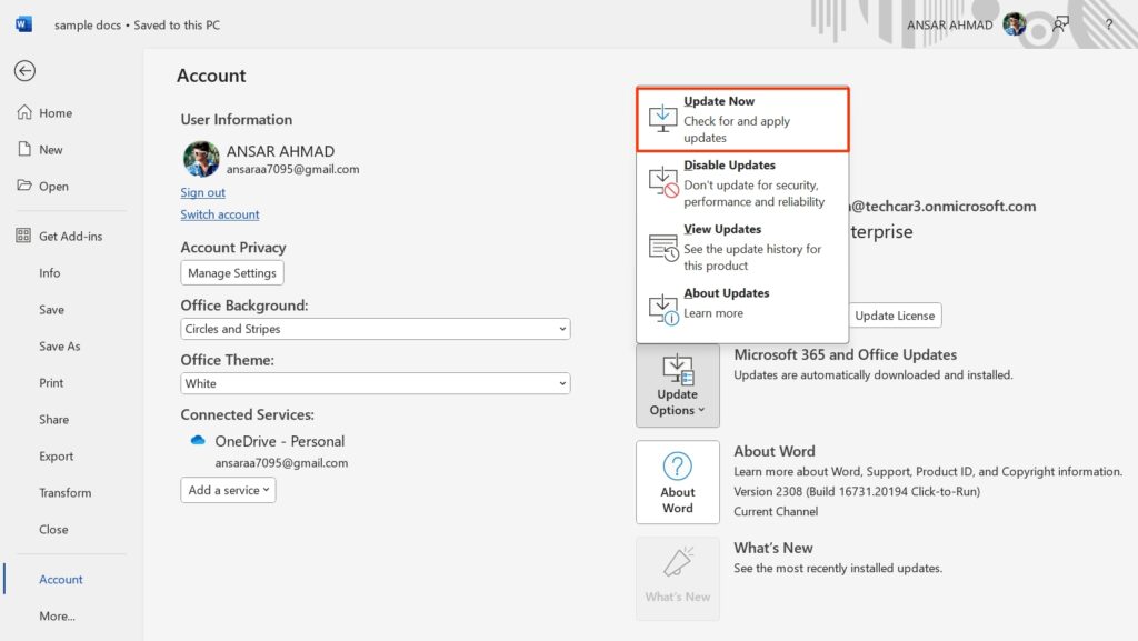 Update Now Option Menu in MS Word