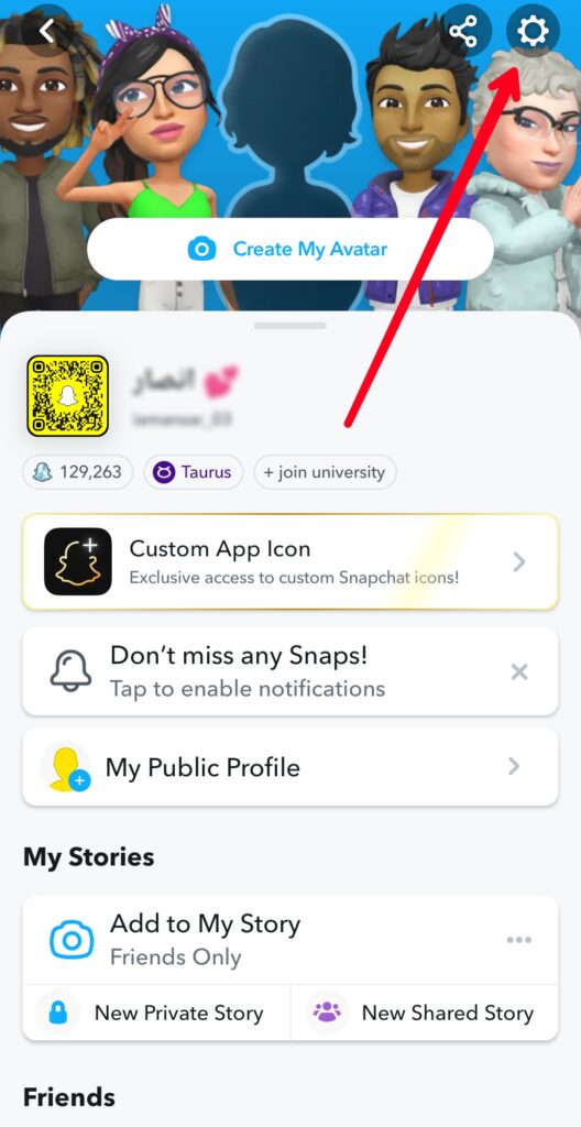 Tapping on the Snapchat Settings icon
