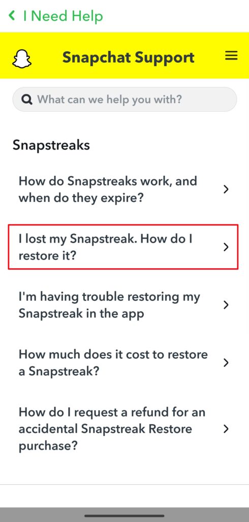 Snapchat Support Page
