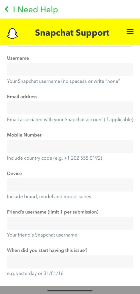 Snapchat Support Page