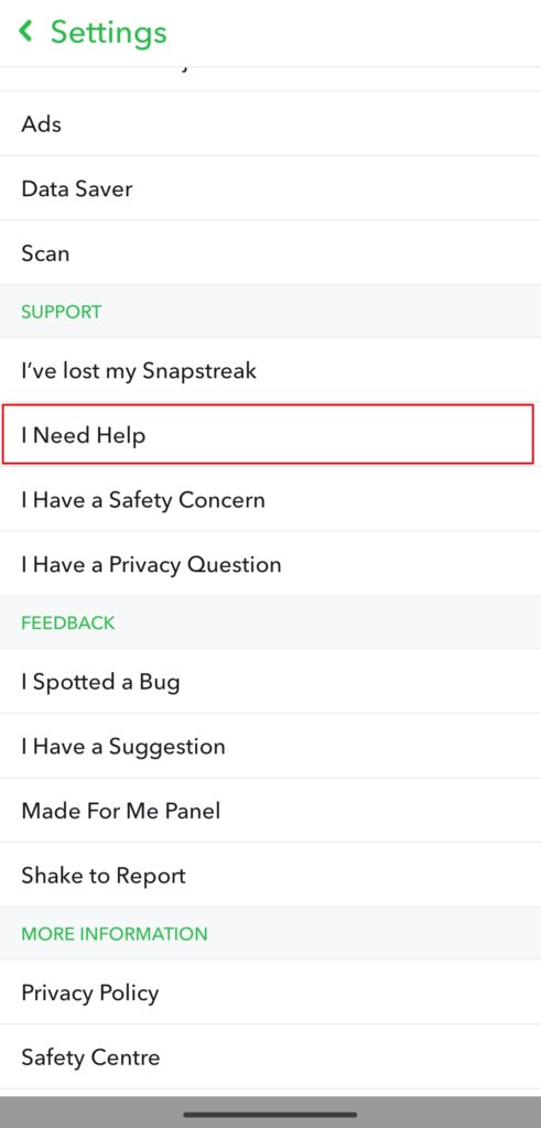 Tapping on I Need Help option