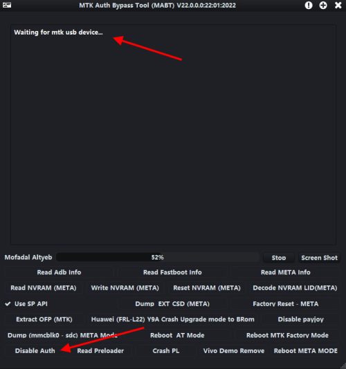 Open the MTK Auth Bypass Tool and click on Auth Bypass button. 