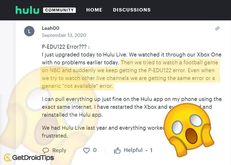 Why Hulu Showing me Error Code P-EDU122