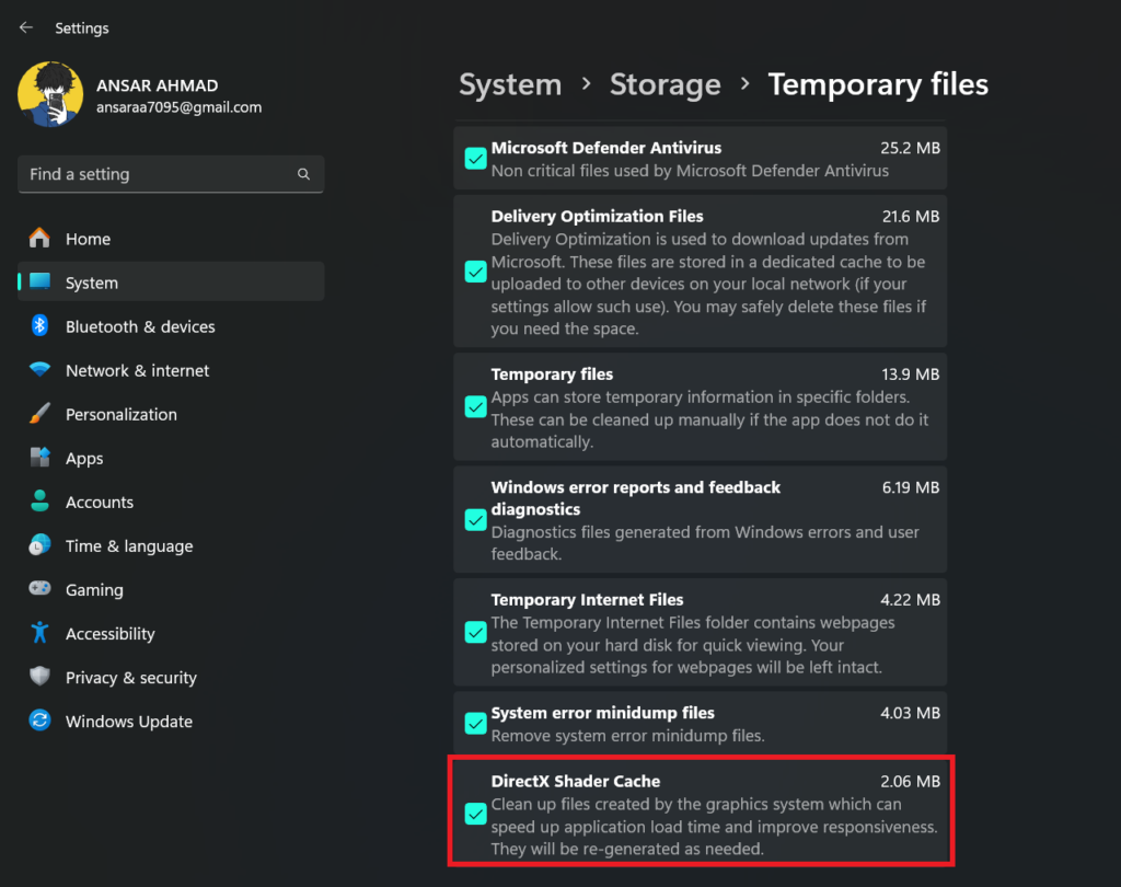 Check Mark DirectX Shader Cache