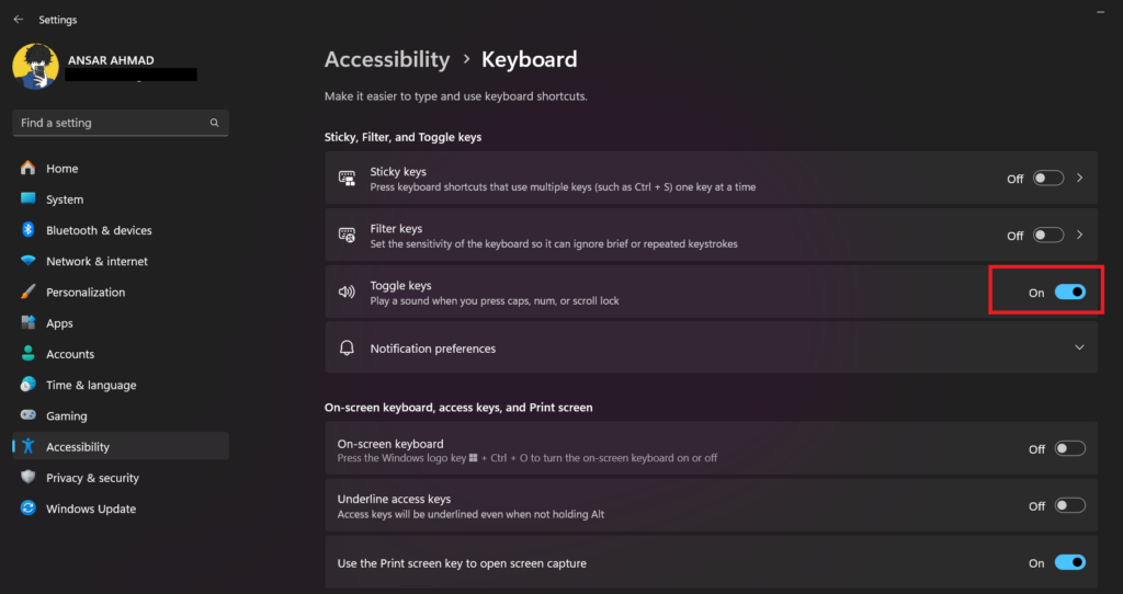 Toggle Keys to Enable Alert Caps Sound