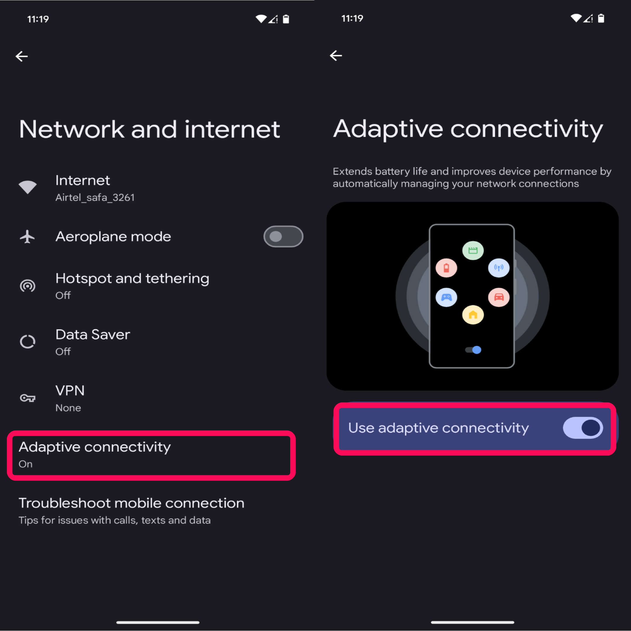 Toggle off Adaptive connectivity mode