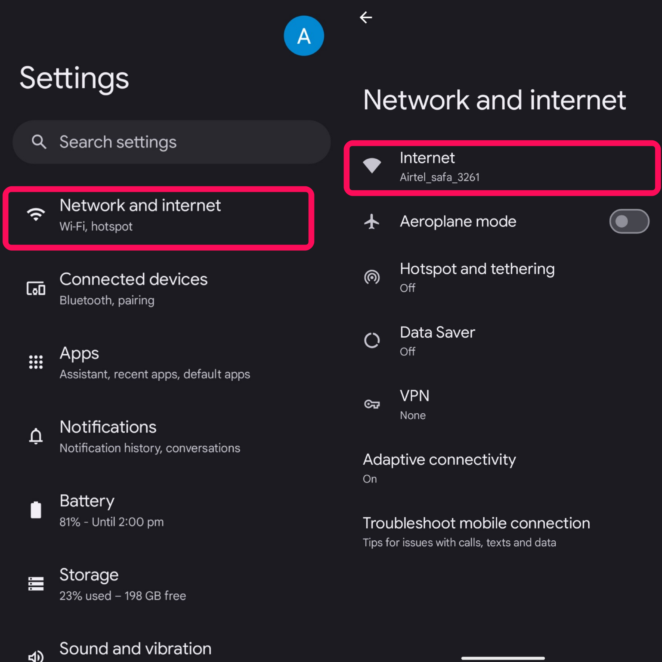Tap on Network and Internet and choose Internet