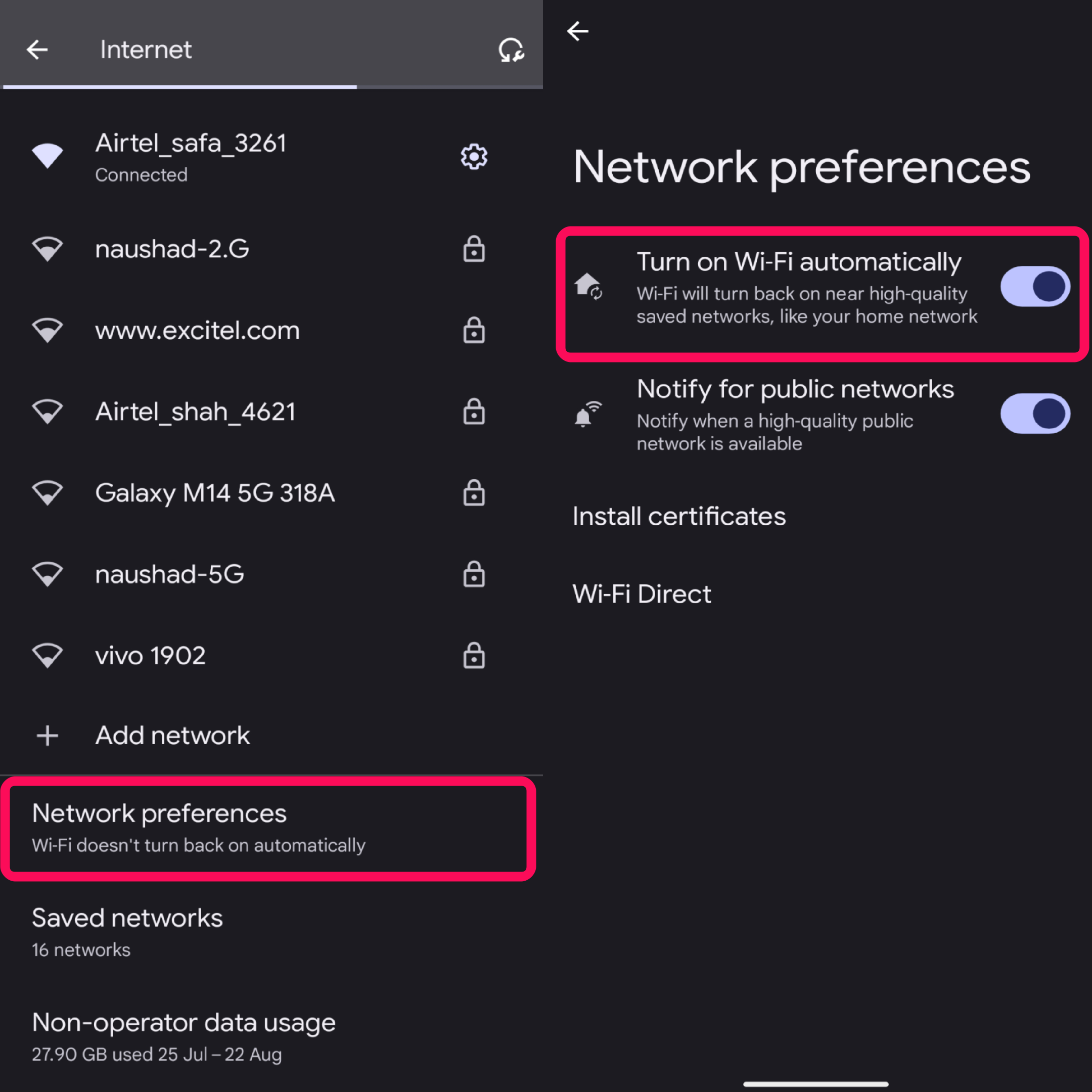 Tap on Network Preferences and toggle on Turn on Wi-Fi Automatically 