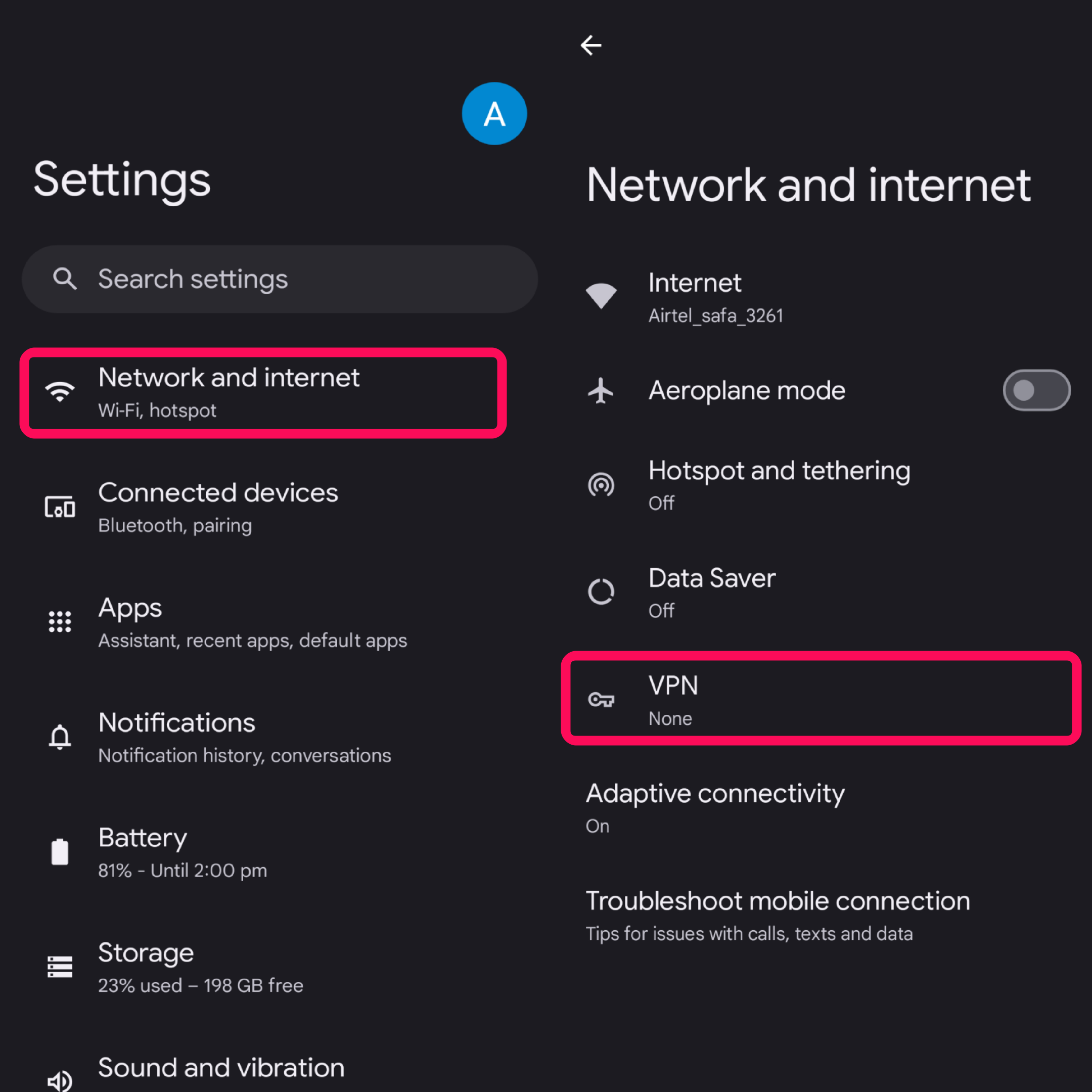 Tap on Network and Internet and choose VPN