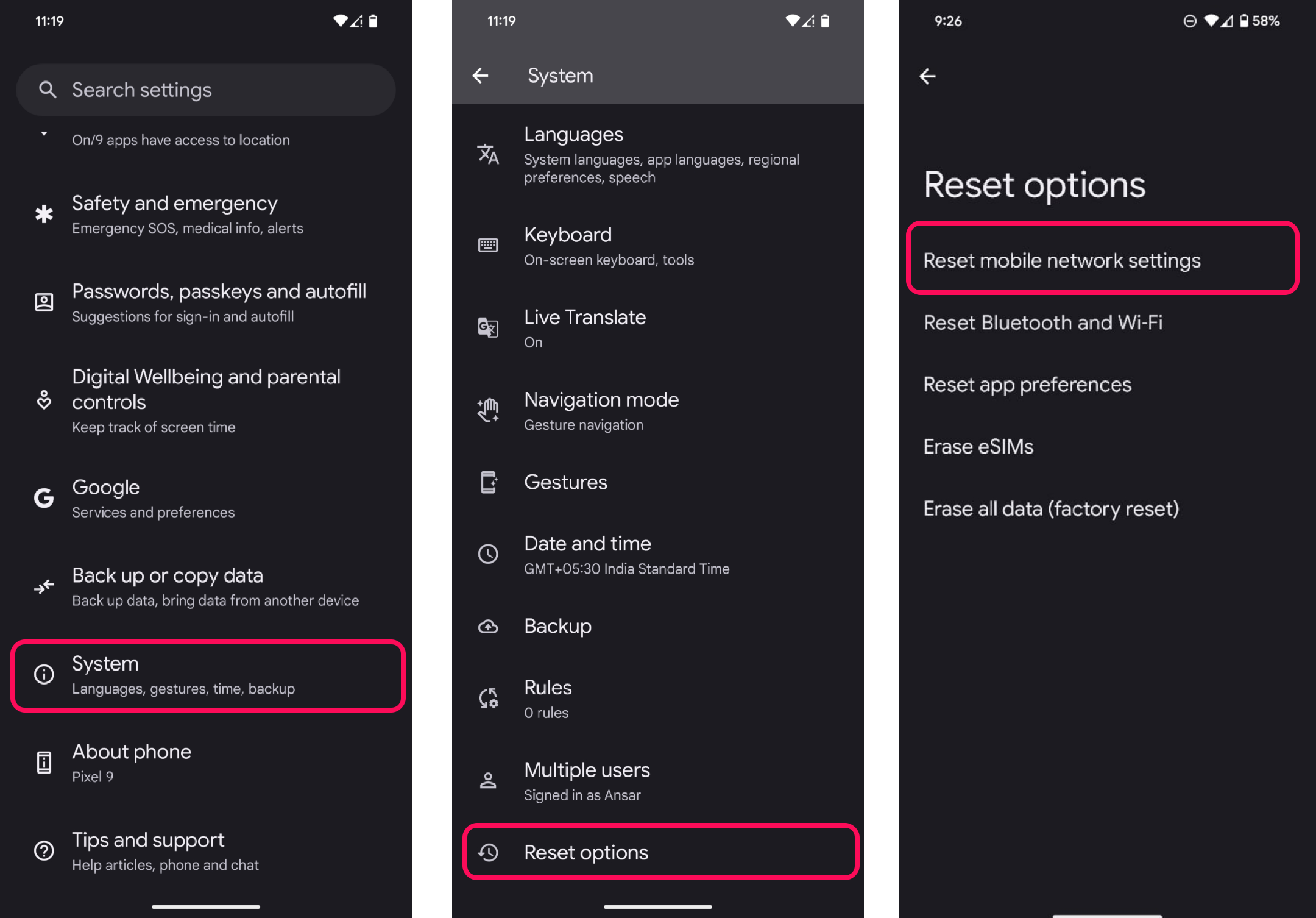 Tap on Reset and select Reset mobile network settings