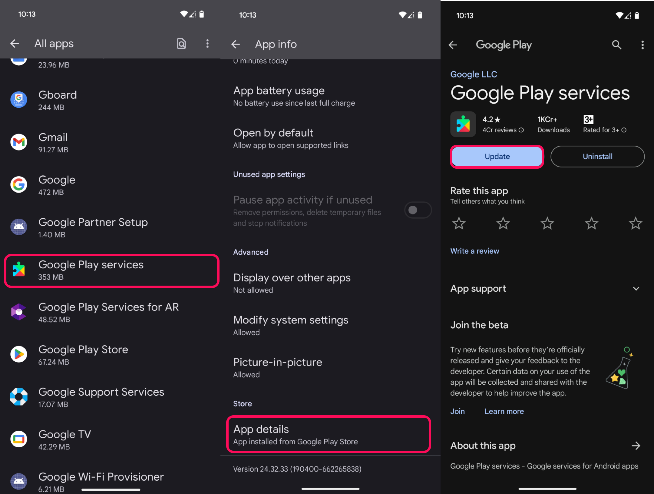 Tap on App details to update Google Play Services