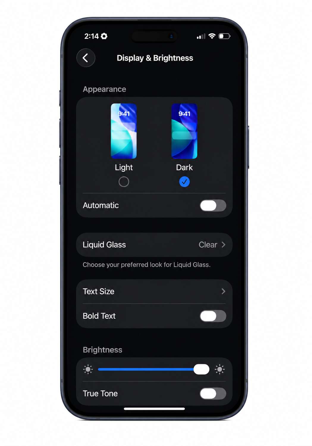 Screenshot iPhone settings in dark mode